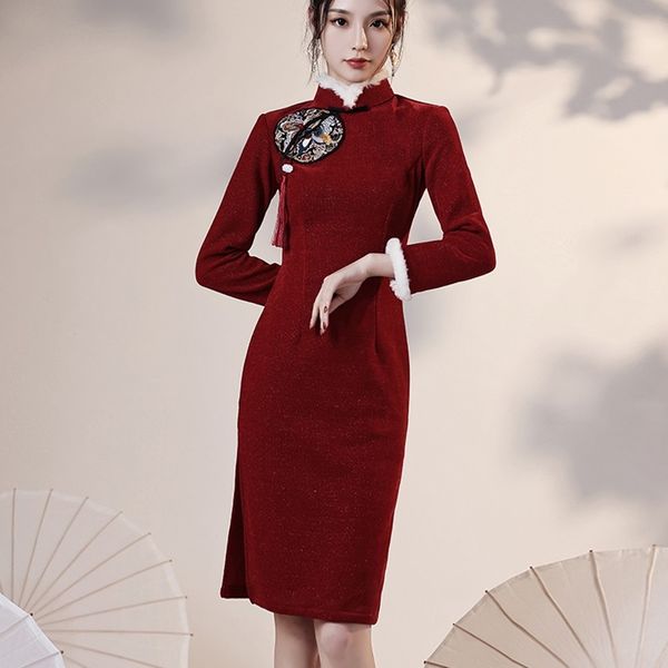 2021 winter new year chinese dress qipao cheongsam collar long sleeve vestidos elegant vintage bodycon party dress 12153, Red
2021 winter new year chinese dress qipao cheongsam collar long sleeve vestidos elegant vintage bodycon party dress 12153, Red