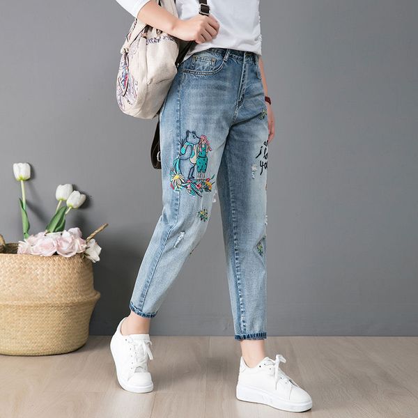 spring and autumn elastic waistband female of nine ethnic retro-embroidered jeans, Blue
spring and autumn elastic waistband female of nine ethnic retro-embroidered jeans, Blue