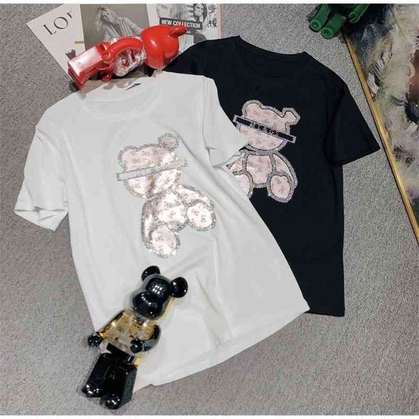 2021 spring and summer loose casual t-shirt cartoon patch bear pattern short sleeve sweater bottom coat, Black
2021 spring and summer loose casual t-shirt cartoon patch bear pattern short sleeve sweater bottom coat, Black