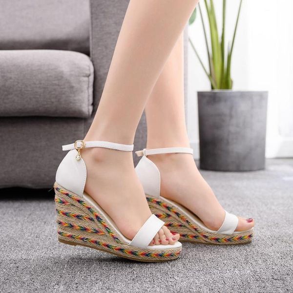 women shoes platform sandals peep toe high wedges heel ankle buckles sandalia white female, Black
women shoes platform sandals peep toe high wedges heel ankle buckles sandalia white female, Black