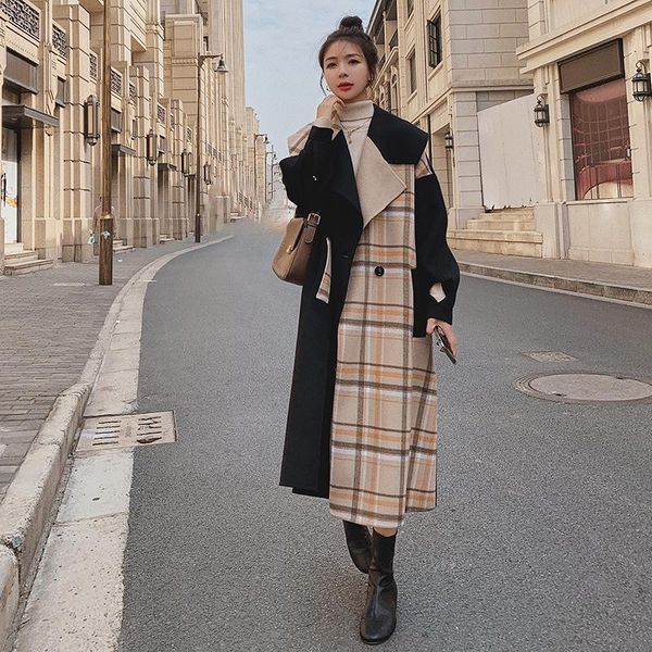 women's wool & blends winter woolen coat korean plaid splicing personality long ladies cloak loose casual fashion color contrast jacket, Black
women's wool & blends winter woolen coat korean plaid splicing personality long ladies cloak loose casual fashion color contrast jacket, Black