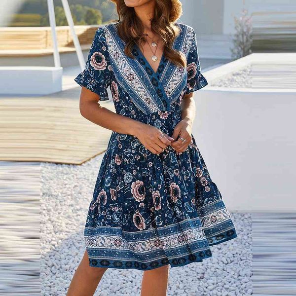 v-neck bohemian print summer women boho ruffles hem short sleeve beach patry mini dress 2021 vestidos de verano#j30, Black;gray 
v-neck bohemian print summer women boho ruffles hem short sleeve beach patry mini dress 2021 vestidos de verano#j30, Black;gray