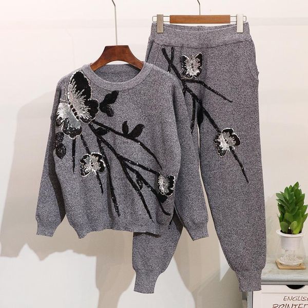 women's two piece pants 2021 fashion elegant 2 set tracksuit for women knitted sweater pant suits beading flower embroidery luxury knit, White
women's two piece pants 2021 fashion elegant 2 set tracksuit for women knitted sweater pant suits beading flower embroidery luxury knit, White