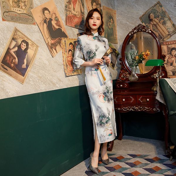 flower printed flared sleeves long cheongsam female ice silk chinese qipao elegant traditional clothing size s-3xl, Red
flower printed flared sleeves long cheongsam female ice silk chinese qipao elegant traditional clothing size s-3xl, Red