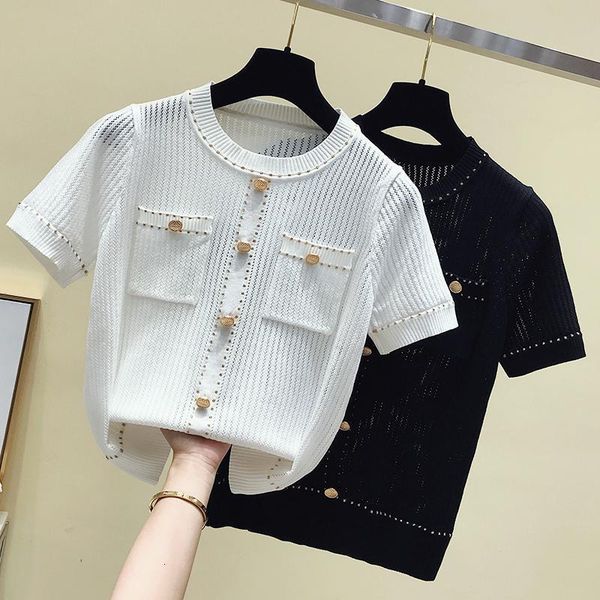 women's sweaters fashion round neck short sleeve women thin section striped button decoration stitching knitted female spring a16h, White;black
women's sweaters fashion round neck short sleeve women thin section striped button decoration stitching knitted female spring a16h, White;black