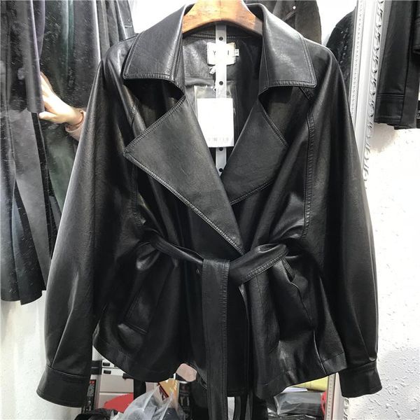 women's leather & faux streetwear fashion black pu coat with belt women 2021 autumn loose motorcycle jacket short casual female outerwe
women's leather & faux streetwear fashion black pu coat with belt women 2021 autumn loose motorcycle jacket short casual female outerwe