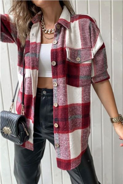 women's burgundy checkered warm soft textured lumberjack shirt blouses & shirts, White 
women's burgundy checkered warm soft textured lumberjack shirt blouses & shirts, White