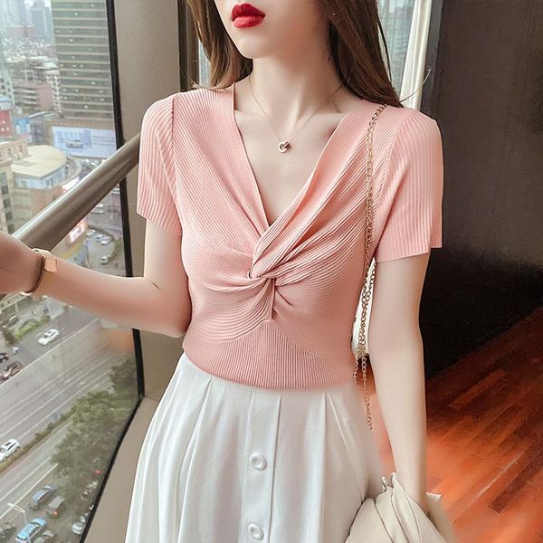 women's t-shirt women v-neck short sleeve summer 2021 korean fashion solid pleated low-cut sweet knitted slim female, White
women's t-shirt women v-neck short sleeve summer 2021 korean fashion solid pleated low-cut sweet knitted slim female, White
