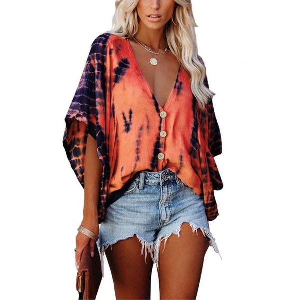 women shirt batwing sleeve tie dye casual v neck loose for office women's t-shirt, White
women shirt batwing sleeve tie dye casual v neck loose for office women's t-shirt, White