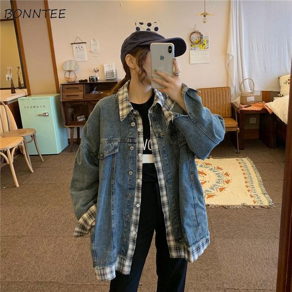 women's jackets basic women spring autumn denim korean style loose fashion bf preppy spliced plaid fake two piece vintage, Black;brown
women's jackets basic women spring autumn denim korean style loose fashion bf preppy spliced plaid fake two piece vintage, Black;brown