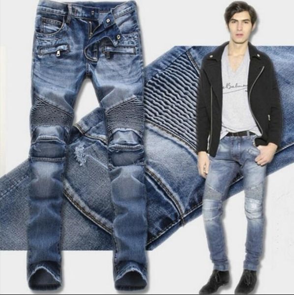 european and american high street motorcycle pleated elastic jeans multi pocket zipper slim leggings, Blue
european and american high street motorcycle pleated elastic jeans multi pocket zipper slim leggings, Blue