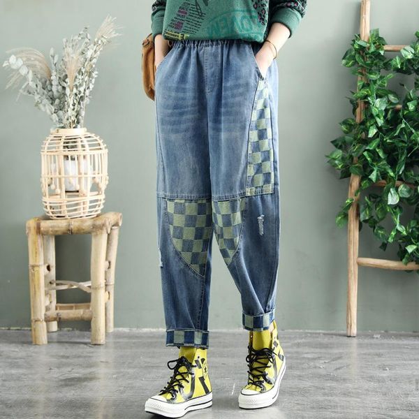 women's jeans women plaid spring summer casual fashion elastic waist vintage denim pants with pockets, Blue
women's jeans women plaid spring summer casual fashion elastic waist vintage denim pants with pockets, Blue