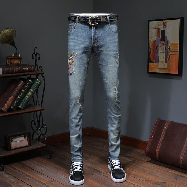 all season men's patchwork ripped embroidered stretch jeans trendy slim high-end holes straight denim trousers, Blue
all season men's patchwork ripped embroidered stretch jeans trendy slim high-end holes straight denim trousers, Blue