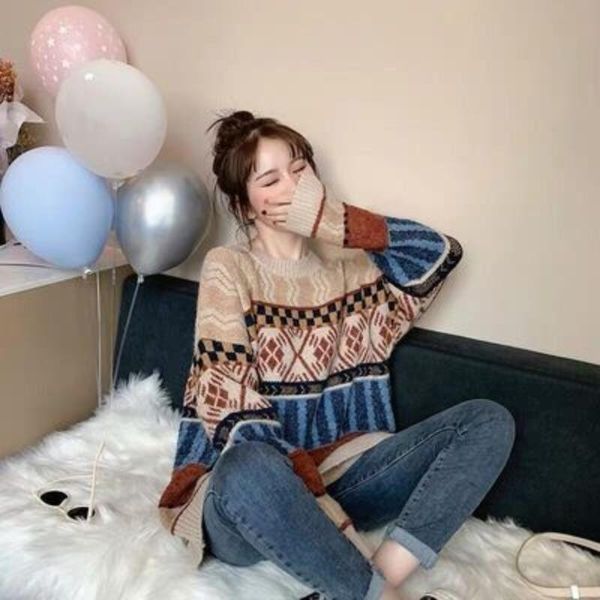 women's sweaters zogaa sweater women retro lazy style fall winter hedging japanese outer wear loose knit female sweet all-match, White;black 
women's sweaters zogaa sweater women retro lazy style fall winter hedging japanese outer wear loose knit female sweet all-match, White;black