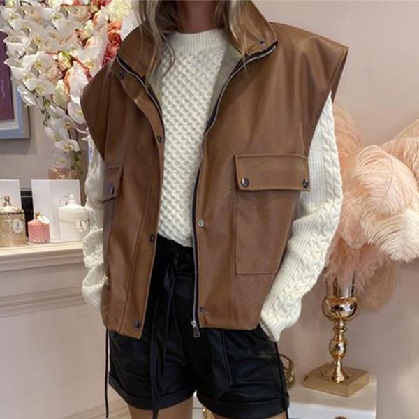 women's vests sleeveless leather jacket women fashion solid button zipper vest female motorcycle casual loose pocket waistcoat coat, Black;white
women's vests sleeveless leather jacket women fashion solid button zipper vest female motorcycle casual loose pocket waistcoat coat, Black;white