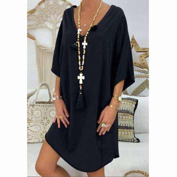 casual dresses summer loose deep v-neck medium sve large women's drs, Black;gray 
casual dresses summer loose deep v-neck medium sve large women's drs, Black;gray
