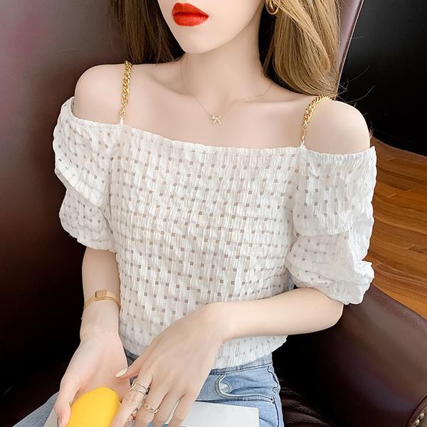 women's blouses & shirts 2021 summer design mesh short puff sleeve elastic loose one shoulder noble lady dating office shirt woman, White
women's blouses & shirts 2021 summer design mesh short puff sleeve elastic loose one shoulder noble lady dating office shirt woman, White