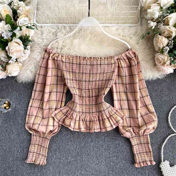 women's blouse off-shoulder pleated slim-fit plaid slash neck lantern sleeve cropped shirt female blusa gk495 210507, White
women's blouse off-shoulder pleated slim-fit plaid slash neck lantern sleeve cropped shirt female blusa gk495 210507, White