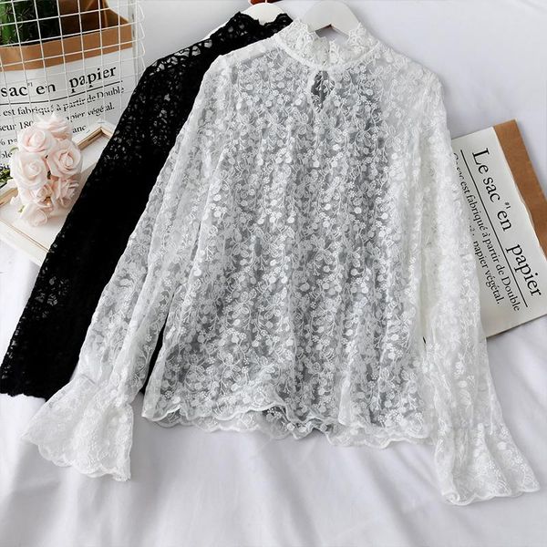 spring and autumn thin perspective horn sleeve with lace blouse women's slim half high collar bottom coat blouses & shirts, White
spring and autumn thin perspective horn sleeve with lace blouse women's slim half high collar bottom coat blouses & shirts, White