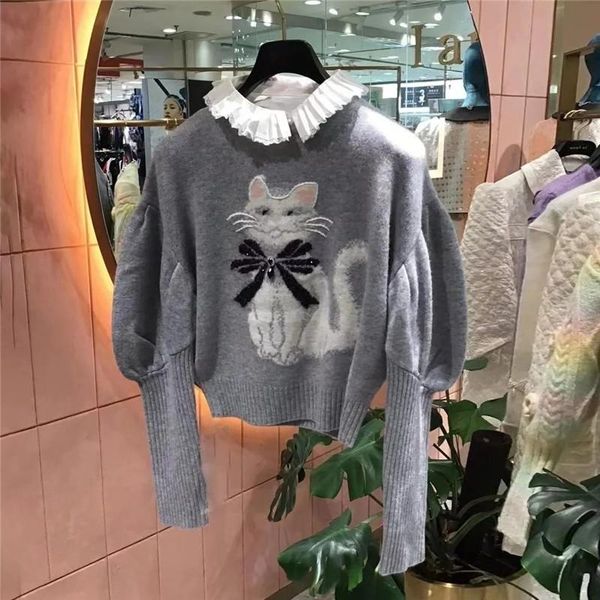 women's sweaters 2021 autumn funny cat pattern loose lazy sweater vintage bat sleeve grey female, White;black
women's sweaters 2021 autumn funny cat pattern loose lazy sweater vintage bat sleeve grey female, White;black