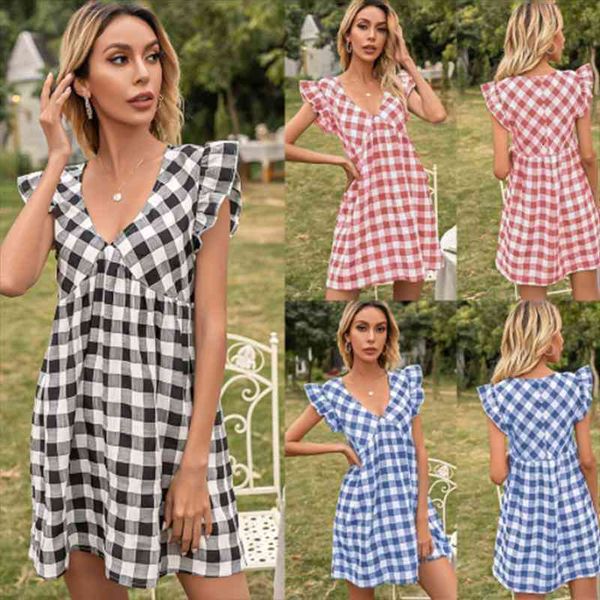 plaid flying sleeves women dresses v neck waist fashion a line loose high female femme robe summer, Black;gray
plaid flying sleeves women dresses v neck waist fashion a line loose high female femme robe summer, Black;gray