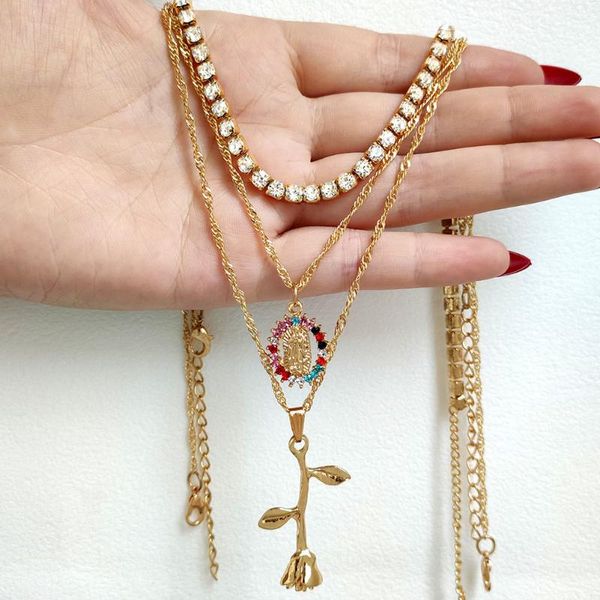 chains golden metal flower rose mary portrait pendant multilayer necklace for women shiny crystal tennis chain choker necklaces jewelry, Silver
chains golden metal flower rose mary portrait pendant multilayer necklace for women shiny crystal tennis chain choker necklaces jewelry, Silver