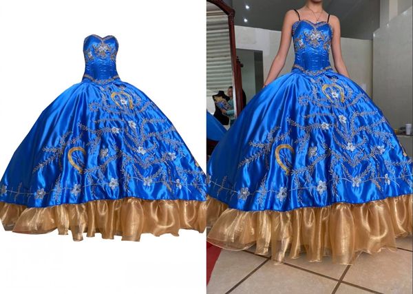 unique designer royal blue champagne gold embroidery quinceanera dresses ball gown with straps charro mexican satin vestido de sweet 15 prom, Blue;red
unique designer royal blue champagne gold embroidery quinceanera dresses ball gown with straps charro mexican satin vestido de sweet 15 prom, Blue;red