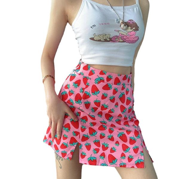 skirts summer women strawberry print mini fashion casual sweet pink high waist clubwear a-line short 2021, Black 
skirts summer women strawberry print mini fashion casual sweet pink high waist clubwear a-line short 2021, Black