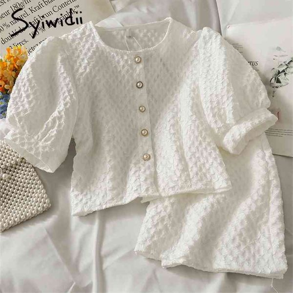 2 piece skirts sets women summer fashion button up puff sleeve o-neck short shirts and mini skirt black white 210607
2 piece skirts sets women summer fashion button up puff sleeve o-neck short shirts and mini skirt black white 210607
