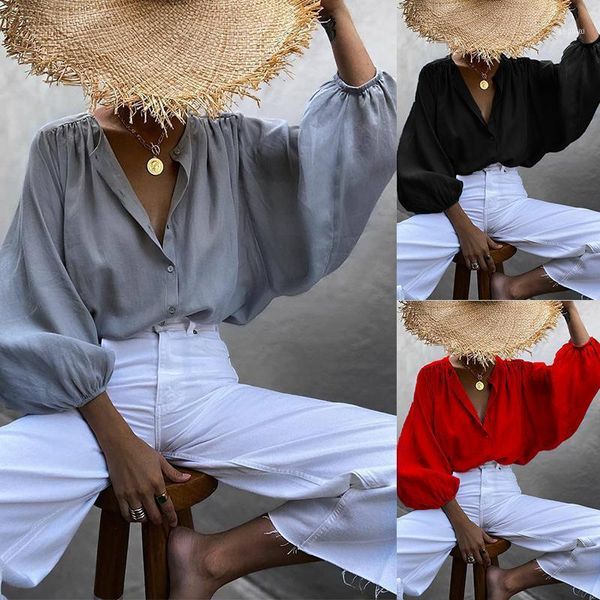 autumn elegant solid loose blouse women button up shirt casual long lantern sleeve black red ruched blouses femme1, White
autumn elegant solid loose blouse women button up shirt casual long lantern sleeve black red ruched blouses femme1, White