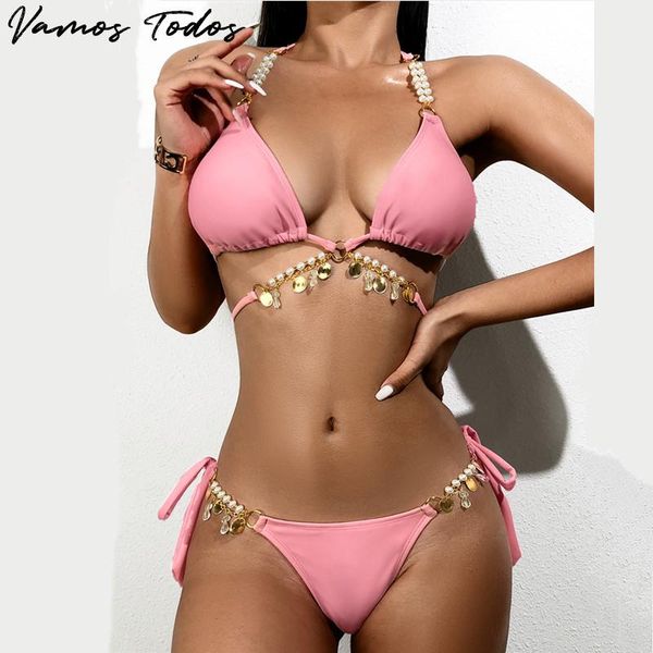 women's swimwear vamos todos 2021 summer swimming suit for women pearl pandent bikini micro pink swimsuit beach 2 piece set, White;black
women's swimwear vamos todos 2021 summer swimming suit for women pearl pandent bikini micro pink swimsuit beach 2 piece set, White;black