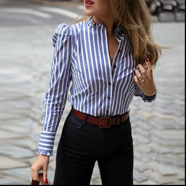 long sleeve striped puffed women shirt frill hem casual elegant workwear blusas mujer, White
long sleeve striped puffed women shirt frill hem casual elegant workwear blusas mujer, White