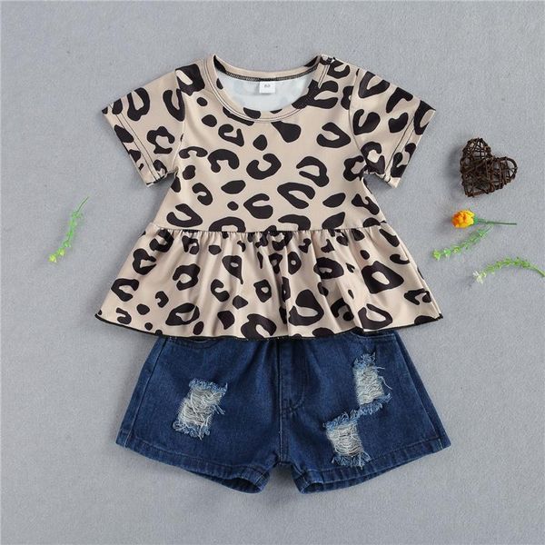 girl's summer set two pieces,fashion leopard printed round neck shirt ruffled denim shorts clothing sets, White
girl's summer set two pieces,fashion leopard printed round neck shirt ruffled denim shorts clothing sets, White