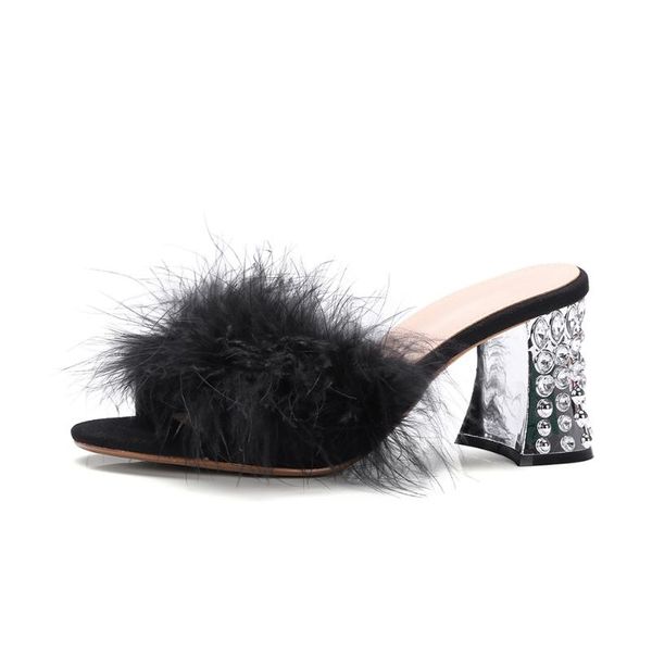 slippers 2021fashion women's thick heel fluffy ostrich hair decoration shiny rhinestone female, Black
slippers 2021fashion women's thick heel fluffy ostrich hair decoration shiny rhinestone female, Black