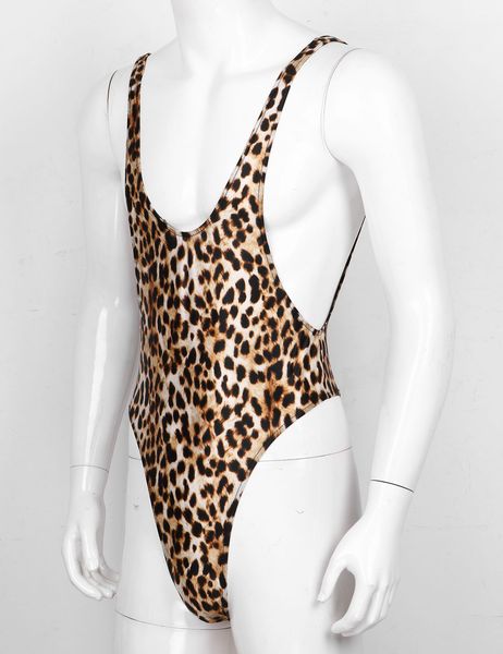 mens one-piece leotard lingerie gay nightwear high cut thong mankini catsuit sissy erotic leopard printed backless bodysuit, Black;white