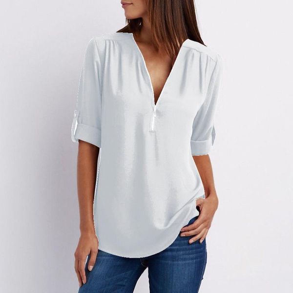 women's t-shirt grophic zipper t-shirts summer v-neck rollable sleeve oversized casual solid y2k blouse loose ropa mujer, White
women's t-shirt grophic zipper t-shirts summer v-neck rollable sleeve oversized casual solid y2k blouse loose ropa mujer, White