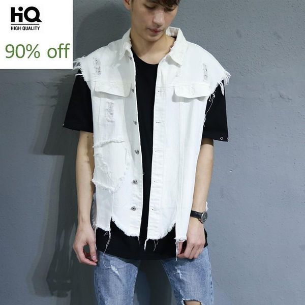 men's vests personalized hip hop loose men denim vest white ripped hole sleeveless jacket for male casual turn-down collar button waist, Black;white
men's vests personalized hip hop loose men denim vest white ripped hole sleeveless jacket for male casual turn-down collar button waist, Black;white