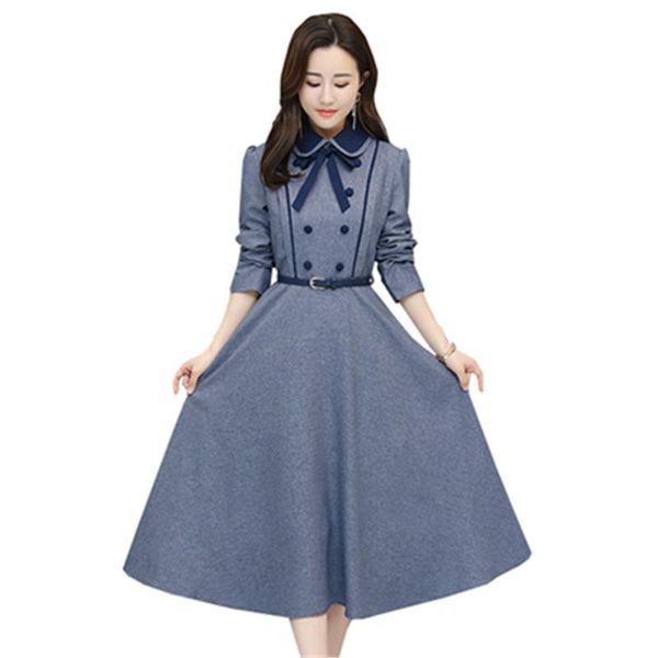 casual dresses elegant ladies long dress autumn 2021 fashion women's slim double breasted bow with belt female, Black;gray 
casual dresses elegant ladies long dress autumn 2021 fashion women's slim double breasted bow with belt female, Black;gray
