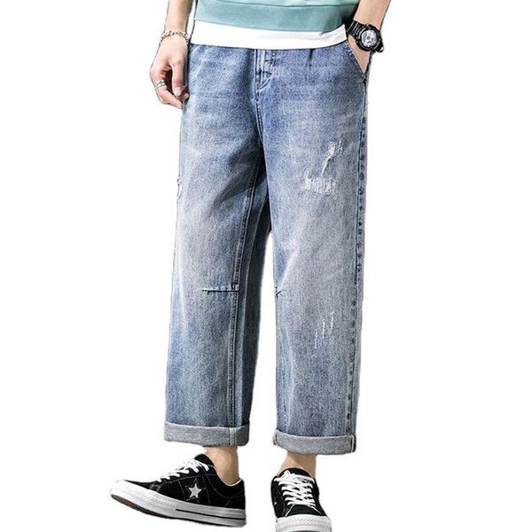 men trend nine-point jeans spring hand-sewn hole wild loose fat quality straight pants men's, Blue
men trend nine-point jeans spring hand-sewn hole wild loose fat quality straight pants men's, Blue