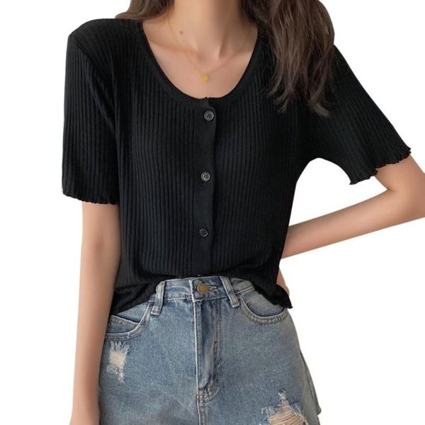 women's t-shirt woman female summer fashion casual round neck short falbala sleeve solid color thin knitted row button cardigan tees to, White
women's t-shirt woman female summer fashion casual round neck short falbala sleeve solid color thin knitted row button cardigan tees to, White