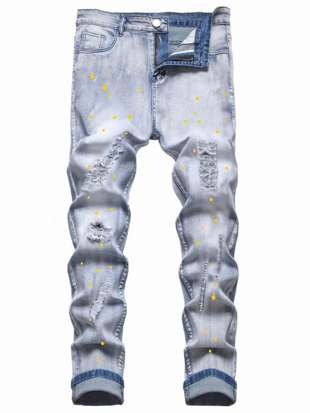romwe guys graphic print ripped jeans i3ec#, Blue