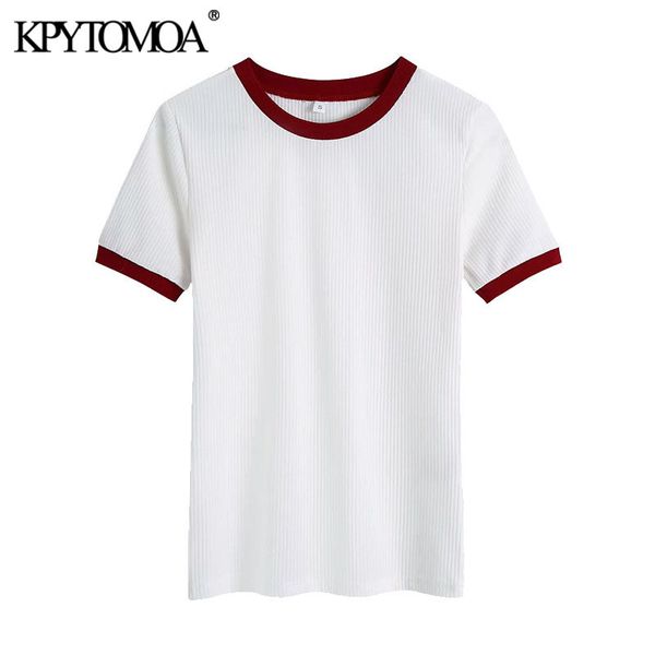 women fashion patchwork ribbed trims t shirt vintage o neck short sleeve female tee mujer 210416, White
women fashion patchwork ribbed trims t shirt vintage o neck short sleeve female tee mujer 210416, White