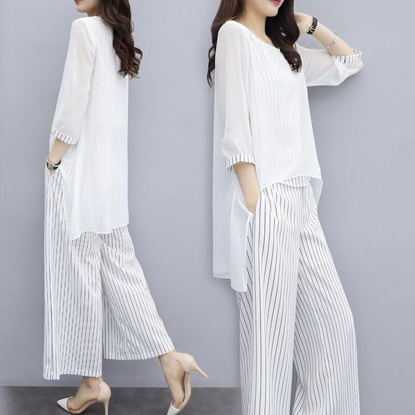 women's two piece pants asymmetrical blouses and wide leg suits elegant korean sets s-3xl summer chiffon 2 outfits women plus size, White
women's two piece pants asymmetrical blouses and wide leg suits elegant korean sets s-3xl summer chiffon 2 outfits women plus size, White