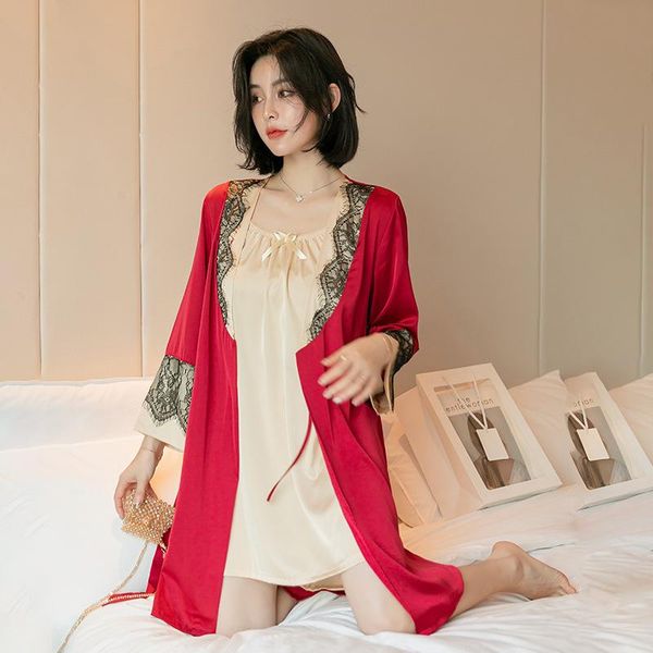 women's sleepwear red lace trim 2pcs robe suit women spring summer strap mini nightdress satin home dress casual o-neck pajamas, Black;red
women's sleepwear red lace trim 2pcs robe suit women spring summer strap mini nightdress satin home dress casual o-neck pajamas, Black;red