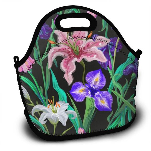 portable lunch bag iris lily flowers black print women reusable bags for work pinic travel 2021 casual handbags organizer, Blue;pink
portable lunch bag iris lily flowers black print women reusable bags for work pinic travel 2021 casual handbags organizer, Blue;pink