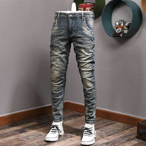 italian style fashion men jeans retro dark blue elastic slim fit ripped vintage designer distred casual denim pants ex90
italian style fashion men jeans retro dark blue elastic slim fit ripped vintage designer distred casual denim pants ex90