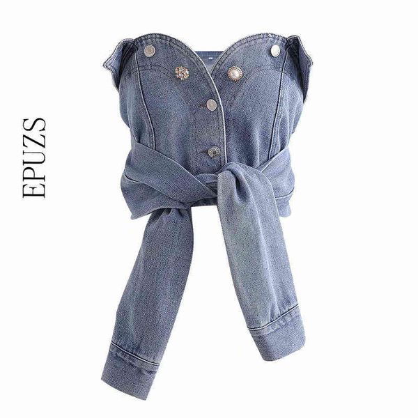 women off shoulder denim shirt sleeveless belt blouse ladies casual womens and blouses 210721, White
women off shoulder denim shirt sleeveless belt blouse ladies casual womens and blouses 210721, White