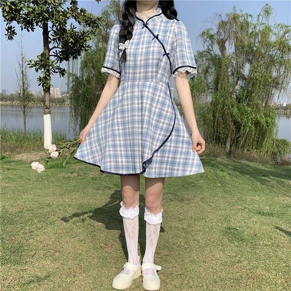 casual dresses houzhou dress women summer blue plaid cheongsam chinese style lace elegant vintage sundress sweet kawaii short sleeve, Black;gray
casual dresses houzhou dress women summer blue plaid cheongsam chinese style lace elegant vintage sundress sweet kawaii short sleeve, Black;gray