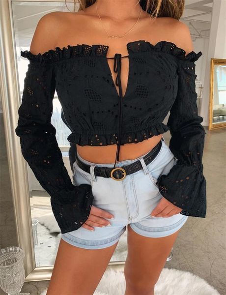 women's blouses & shirts women slash neck lace hollow strapless off shoulder ladies crop blouse long sleeve bare-midriffÂ, White
women's blouses & shirts women slash neck lace hollow strapless off shoulder ladies crop blouse long sleeve bare-midriffÂ, White