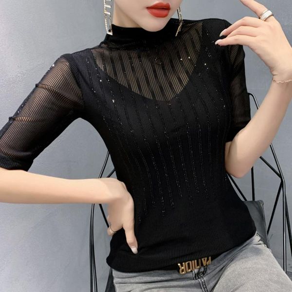 women's t-shirt women 2021 arrival summer slim net yarn diamond female fashion korean style black red brown c44, White
women's t-shirt women 2021 arrival summer slim net yarn diamond female fashion korean style black red brown c44, White